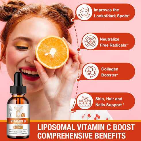 Vemluta 2 Packs 2000mg D3 Immune Antioxidant,4 Oz Liposomal Vitamin C Liquid Drop, High Absorption VC Complex Rose Hips