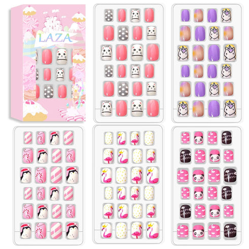 Laza 120pcs Children Nails Girls Press On Artificial Nail Tips, Pre-glue Full Cover Short Cute False Nail Kits