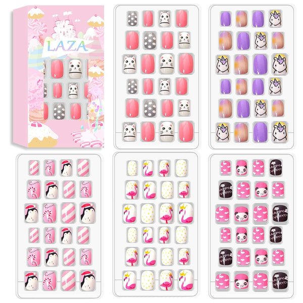 Laza 120pcs Children Nails Girls Press On Artificial Nail Tips, Pre-glue Full Cover Short Cute False Nail Kits