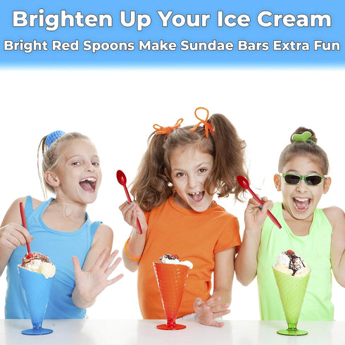 Extra Long Red 8in Premium Sundae Spoons - 50ct Heavy Duty Disposable Plastic Utensils for Ice Cream