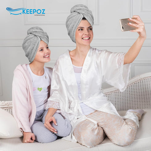 KEEPOZ Hair Towel Wrap, Quick Dry 100% Cotton Super Absorbent Turban Head Wrap for Women, Grey, 1 Pc