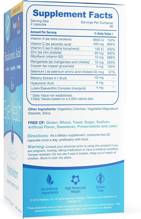 HylaVision Eye Health Supplements, Hyaluronic Acid, Lutein, Zeaxanthin for Vision Support (120 Capsules)