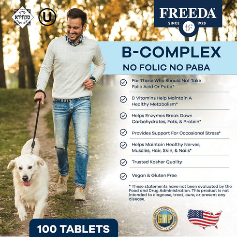 Freeda Super B Complex Vitamin B Supplement - No Folic No PABA, 250 Ct, Kosher for Women & Men