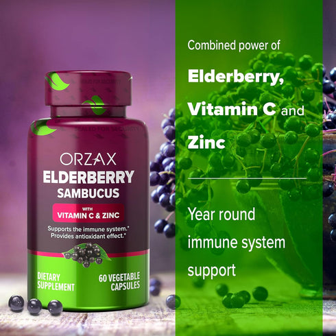 ORZAX Elderberry Capsules, Immune Support Supplement with Vitamin C and Zinc, 60 Vegetable Capsules