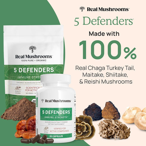 Real Mushrooms 5 Defenders Capsules - Organic Mushroom Extract for Focus and Immune Support - Vegan, 90 Caps