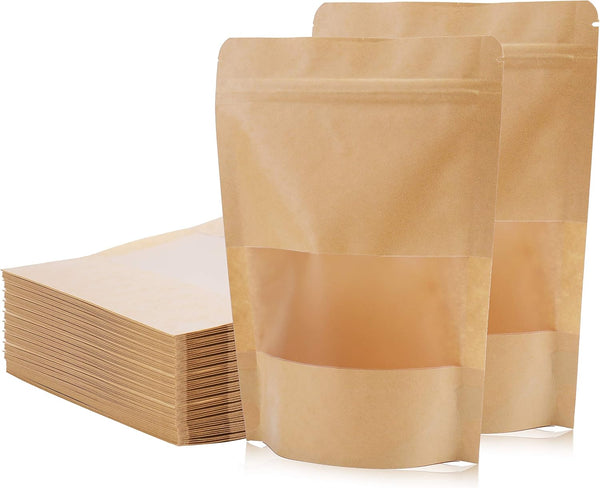Kingrol 150 Count Kraft Paper Bags - 4.7 x 7.8 Inch with Resealable Lock Seal Zipper & Transparent Window