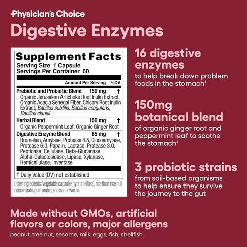 Physician's CHOICE Digestive Enzymes - 60 CT Multi Enzymes with Organic Prebiotics & Probiotics for Digestive Health