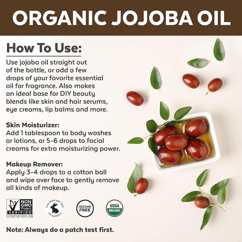 Viva Naturals Organic Jojoba Oil - Pure Cold-Pressed for Skin and Hair, USDA Certified, 4 fl. oz