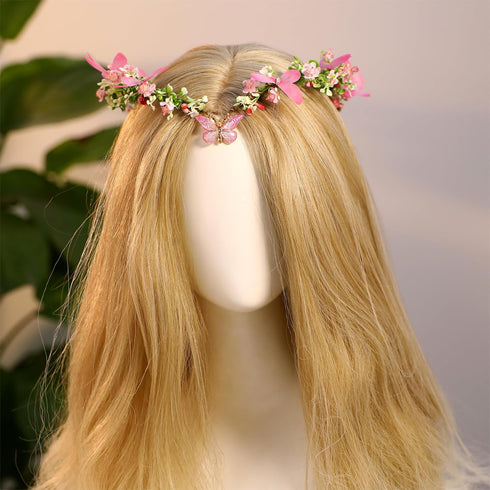 MOSTORY Pink Elf Flower Crown Handmade Fairy Headpiece Floral Tiara Woodland for Women Girls Spring Wedding