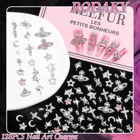 RODAKY 128PCS Silver Nail Charms, Cross Star Charms for Nails, 3D Saturn Planet Nail Jewelry, Pink Nail Rhinestone Gems