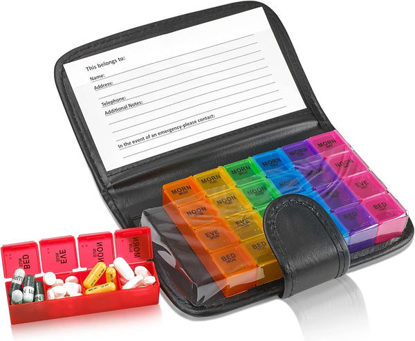 Weekly Travel Pill Organizer - Extra Large Pill Container Dispenser Case for 4 Times A Day, 7 Days a Week