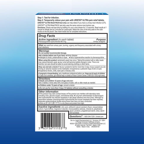 URISTAT Ultra UTI Relief Pak - UTI Treatment for Women and Men, 1 UTI Test Strip and 12 Treatment Tablets, 1 Box