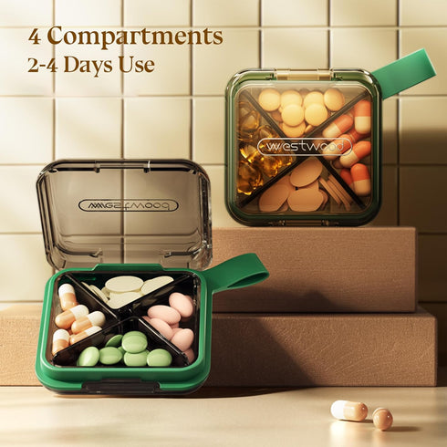 1 Pack Grey Pill Organizer with Strap, 4 Compartments, Portable Moistureproof Travel Pill Box for Vitamins