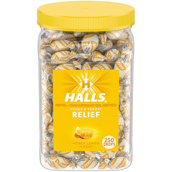 HALLS Cough and Throat Relief Honey Lemon Cough Drops, Bulk Pack, 250
