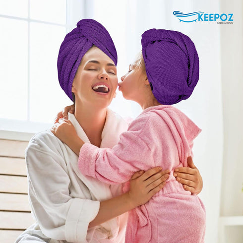 KEEPOZ Hair Towel Wrap - Quick Dry 100% Cotton Super Absorbent Turban Head Wrap for Women (Purple Check, 2 Pcs)