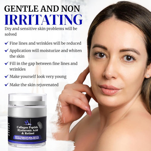 HM Collagen Peptide Cream with Hyaluronic Acid, Retinol & Vitamin E - Anti Aging Skincare Moisturiser for Soft Skin