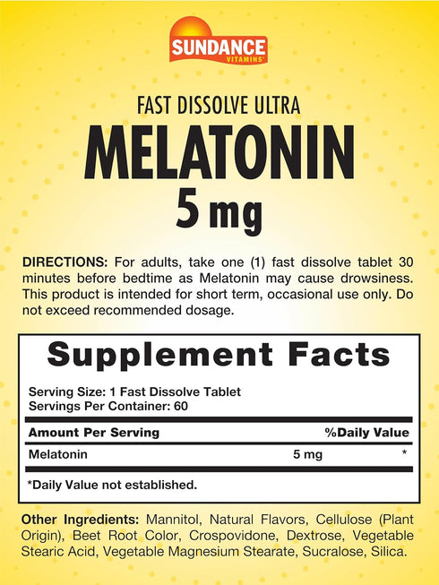 Fast Dissolve Melatonin 5mg | 60 Tablets | Natural Berry Flavor | Vegetarian, Non-GMO, and Gluten Free Supplement | by Sundance