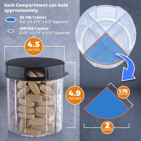 Round Pill Organizer Dispenser - Pack of 2 with 4 Compartments for Medication, Vitamins & Supplements, Daily Pill Case