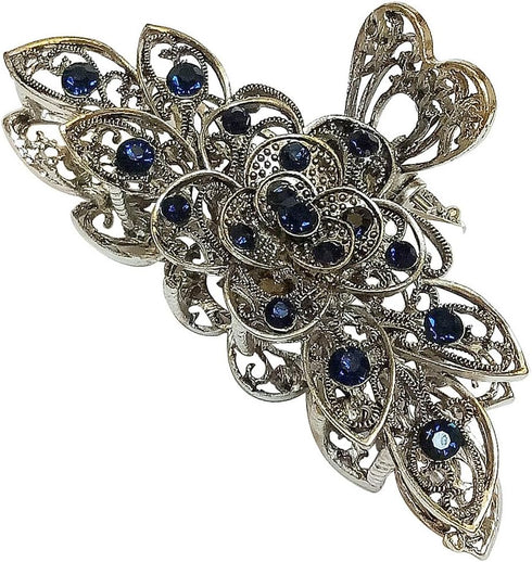 Women Fashion Retro Metal Alloy Rhinestone Large Size Fancy Hair Claw Jaw Clips for Thick Hair (Ink-Blue Colour 1)