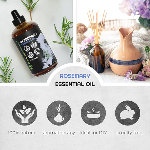 Organic Rosemary Essential Oil 4oz for Diffuser, Skin, Hair Growth, Body Oils, Aromatherapy, Aceite de Romero