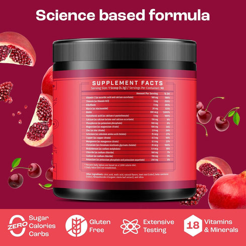 KEY NUTRIENTS Multivitamin Electrolytes Powder, Sweet Cherry Pom, No Sugar, 90 Servings