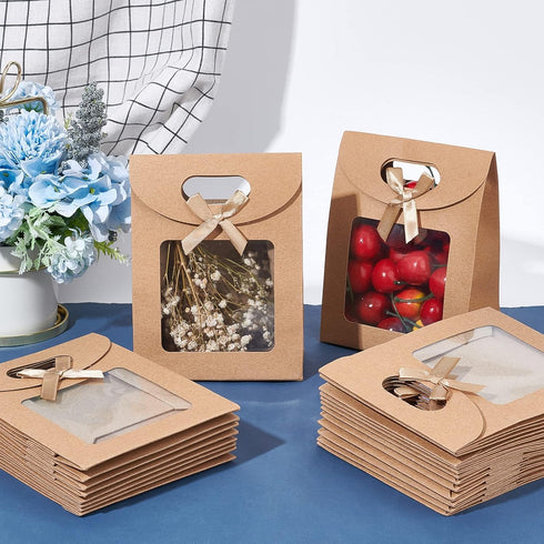 NBEADS 24 Pcs Kraft Paper Bags with Window, 4.7x2.4x6.2 Stand Up Gift Bag with Handles Brown Gift Bag with Clear Window for Candy Cookies Packaging Wedding Christmas Party Store Retail