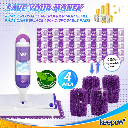 KEEPOW Reusable Power Mop Refill Pads, 4 Pack, Compatible with Swiffer PowerMop, Microfiber for Hardwood Cleaning