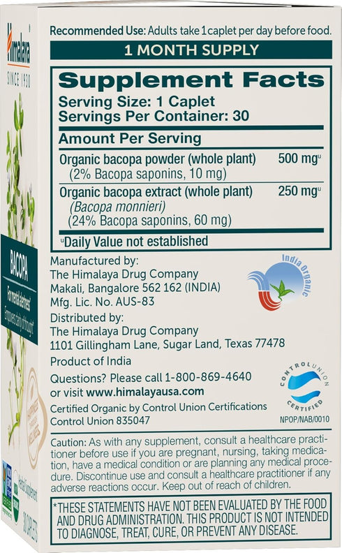 Himalaya Organic Bacopa Monnieri Nootropic Herbal Supplement, Mental Alertness, Supports Calm, Memory, Cognition, USDA Certified Organic, Non-GMO, 750 mg, 30 Plant-Based Caplets, 30 Day Supply