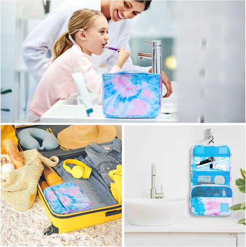 Kids Hanging Toiletry Bag for Girls, Waterproof Travel Makeup Wash Bag, Tie Dye Blue