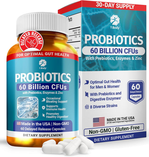 1 Body Probiotics, 60 Billion CFU Gut Health Supplement with Prebiotics, Digestive Enzymes, Vegan, 60 Capsules