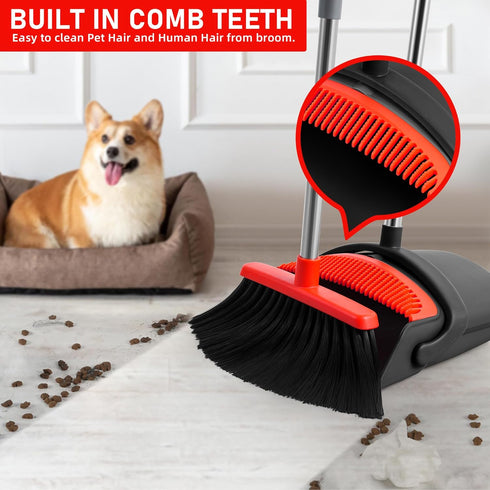Broom and Dustpan Set, Indoor Broom with Dust Pan Combo for Home, Office, Kitchen, Lobby & Pet Hair Cleaning