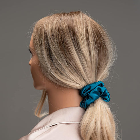 Silk Scrunchies for Hair, 100% Mulberry Silk Hair Ties, 3 Pack (Pink, Peacock Blue, Apricot)