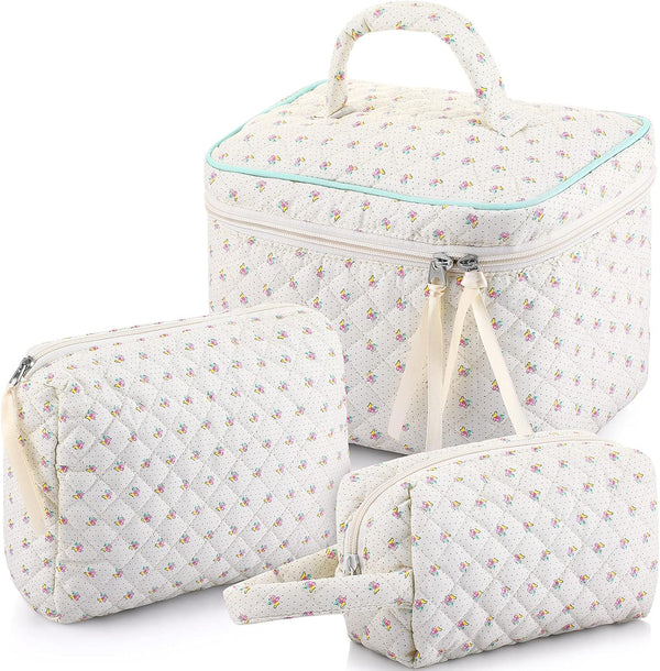 3 Pieces Cotton Quilted Makeup Bag Set, Aesthetic Travel Toiletry Bags, Cute Kawaii Pouch for Women