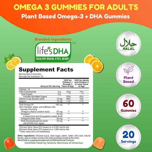 Vegan Omega 3 Gummies for Adults, 60 Gummies, Plant Based with Chia Oil, DHA, Vitamin C