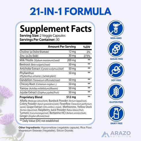 Arazo Nutrition Liver Cleanse Detox & Repair Formula – Milk Thistle Herbal Support Supplement with Silymarin, Beet,