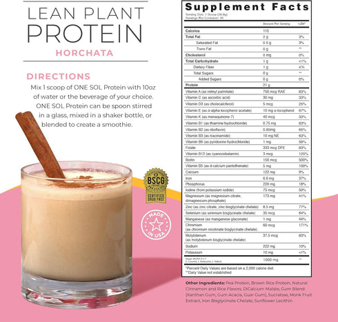One Sol Lean Plant Protein Powder - Horchata, Low Carb, Gluten-Free, Vegan Friendly, No Sugar Added