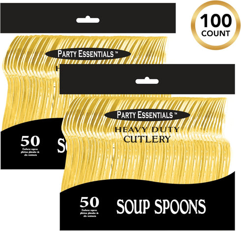 Party Essentials Disposable Plastic Cutlery/Heavy-Duty Flatware/Silverware for All Events, 100-Count, Shiny Gold Soup Spoons