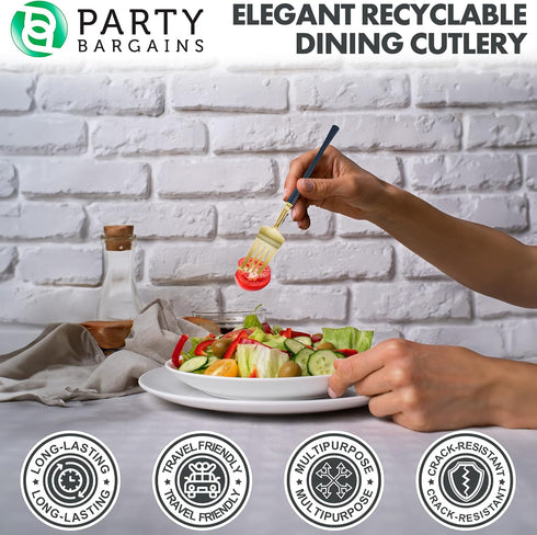 Party Bargains Disposable Plastic Navy Gold Salad Forks, Infinity Modern Design Utensils, 20 Pack