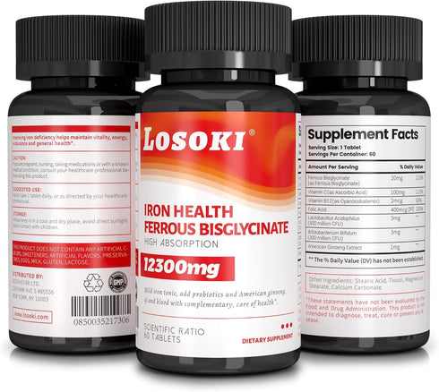 Iron Bisglycinate 20 mg with Vitamin C, B12, American Ginseng & Probiotics - Gentle on Stomach, Supports Energy & Iron
