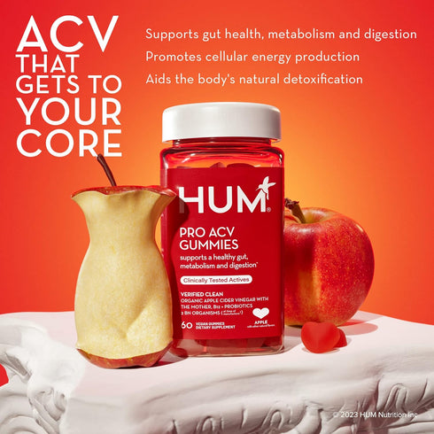HUM Pro ACV Gummies - 100% Organic Apple Cider Vinegar with The Mother, Probiotics & B12 for Digestive Health