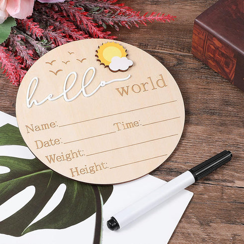 TIESOME 5.9'' Wooden Baby Announcement Sign, Hello World Newborn Announcement Sign, Lovely Babies Name Plaques Birth