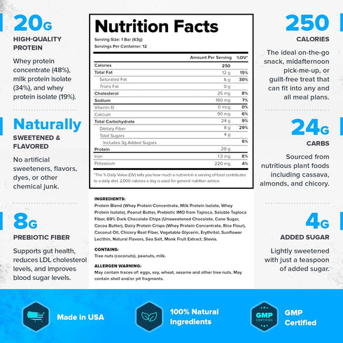 Legion Protein Bar, Chocolate Peanut Butter - 100% Whey Protein, Baked Bars with Prebiotic Fiber, High Protein (20g)