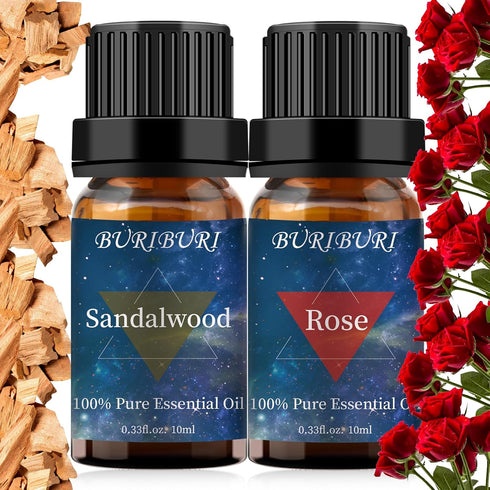 Rose and Sandalwood Essential Oil, 100% Pure Natural Organic Aromatherapy Gift Set, 10MLx2