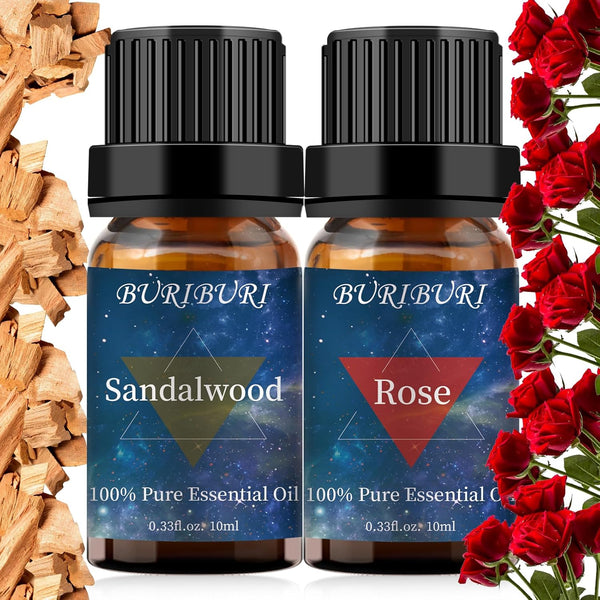 Rose and Sandalwood Essential Oil, 100% Pure Natural Organic Aromatherapy Gift Set, 10MLx2