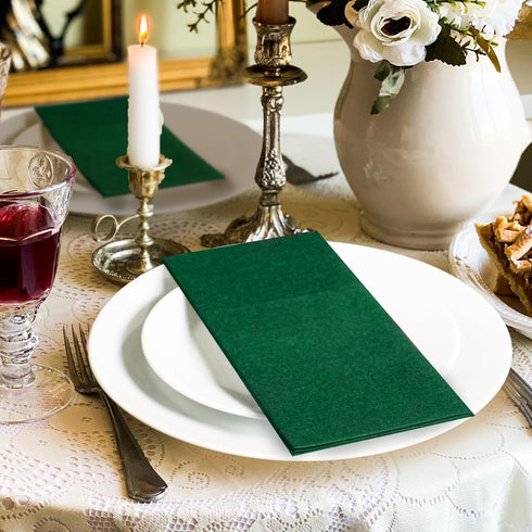 KAMMAK 100 Pack Disposable Cloth-Like Dark Green Dinner Paper Napkins - Premium Thick with Flatware Pocket
