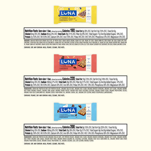 Luna Bar Pack 6 (12 Pack) - Variety - Flavors - Gluten Free Snack Bars - Non-GMO - Protein Bars - Made with Organic