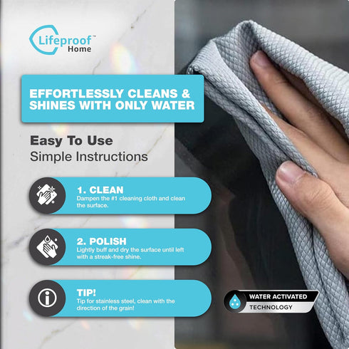 Set 3 Pack Set Lifeproof Streakless Microfiber Eco Cleaning Cloth - Effortlessly Cleans Stainless, Glass & Stone
