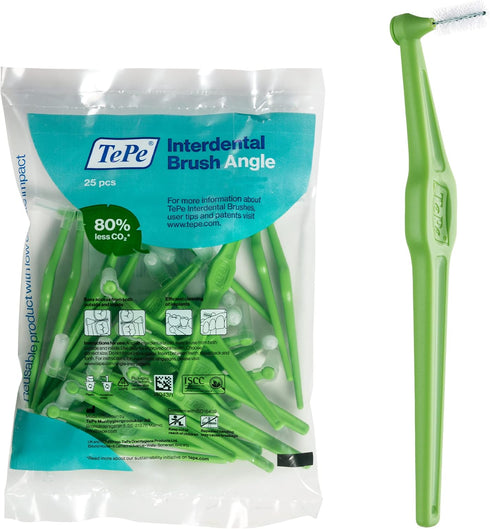 TEPE Interdental Brush Angle - Angled Dental Brush for Teeth Cleaning, Pack of 25, 0.8 mm, Large Gaps, Green, Size 5