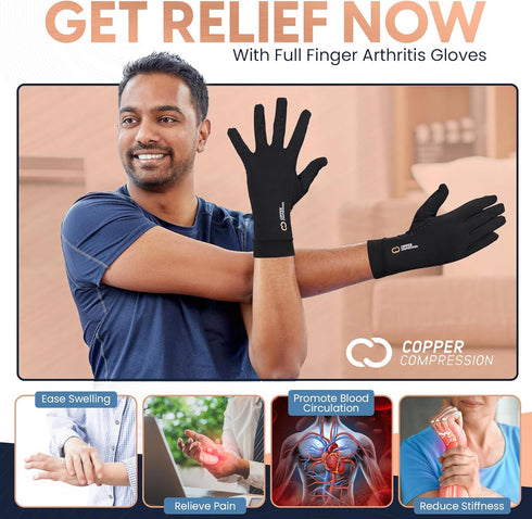 Copper Compression Full Finger Arthritis Gloves, Touch Screen Fingertips, Compression Support for Carpal Tunnel, 1 Pair