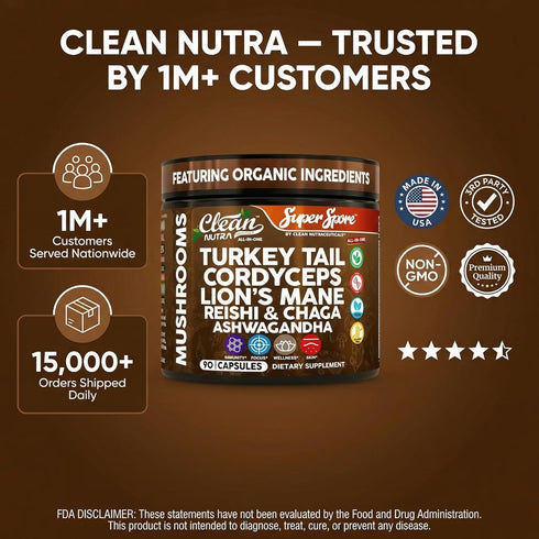 Immunity 90 Organic Turkey Tail Mushroom Supplement Capsules | Lions Mane Cordyceps Reishi Chaga + Ashwagandha Stress